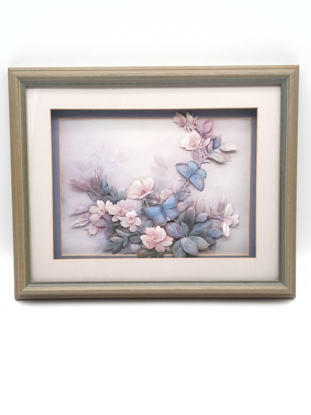 Vintage 3D Paper Tole Butterfly & Flowers Shadow Box Framed Art